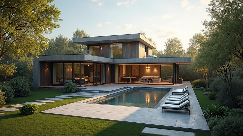 High angle view of a modern house with a large backyard