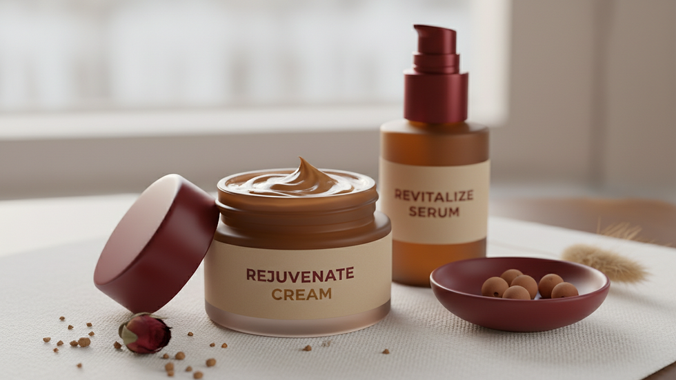 Close-up view of skincare products arranged on a white surface