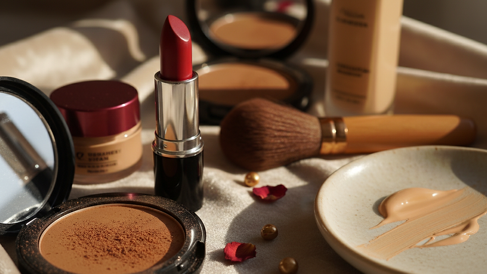 Close-up view of beauty products arranged for online sales
