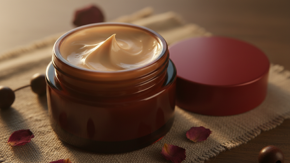 Eye-level view de creme facial aberto com textura cremosa