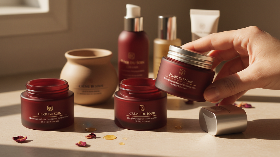 Close-up de frascos de produtos de skincare organizados em bancada
