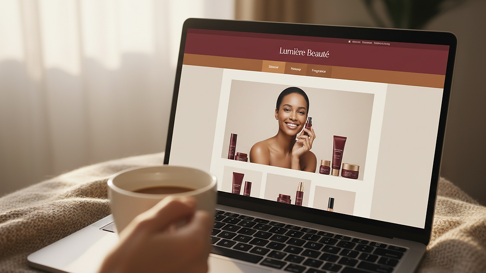 Eye-level view of a laptop screen showing an online beauty store