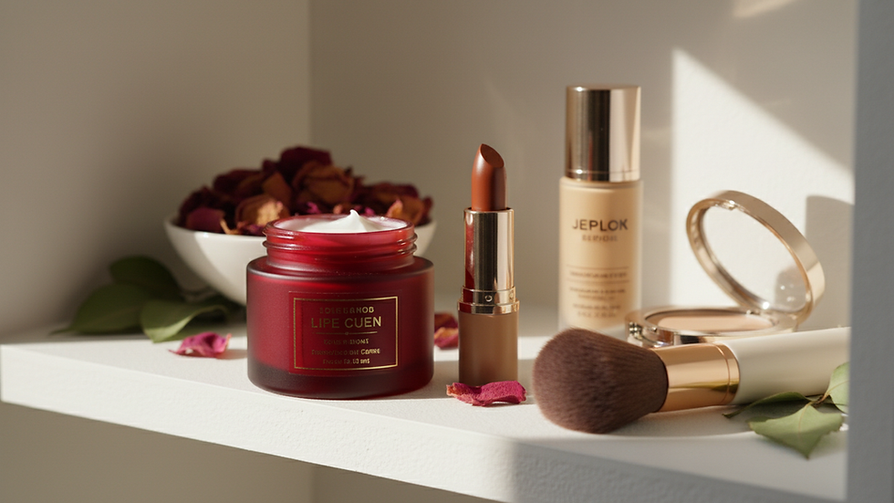 Close-up view of beauty products arranged on a white shelf
