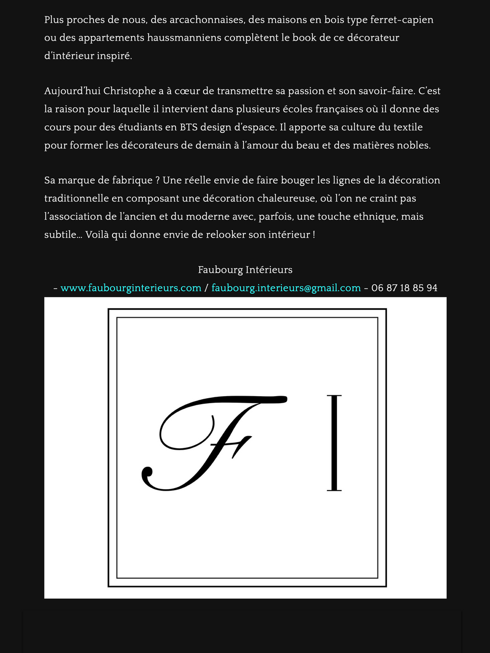 Aquitaineonline - Article presse sur Faubourg Intérieurs, architecte d'intérieur, décorateur d'intérieur à Bordeaux, Biscarrosse, Arcachon