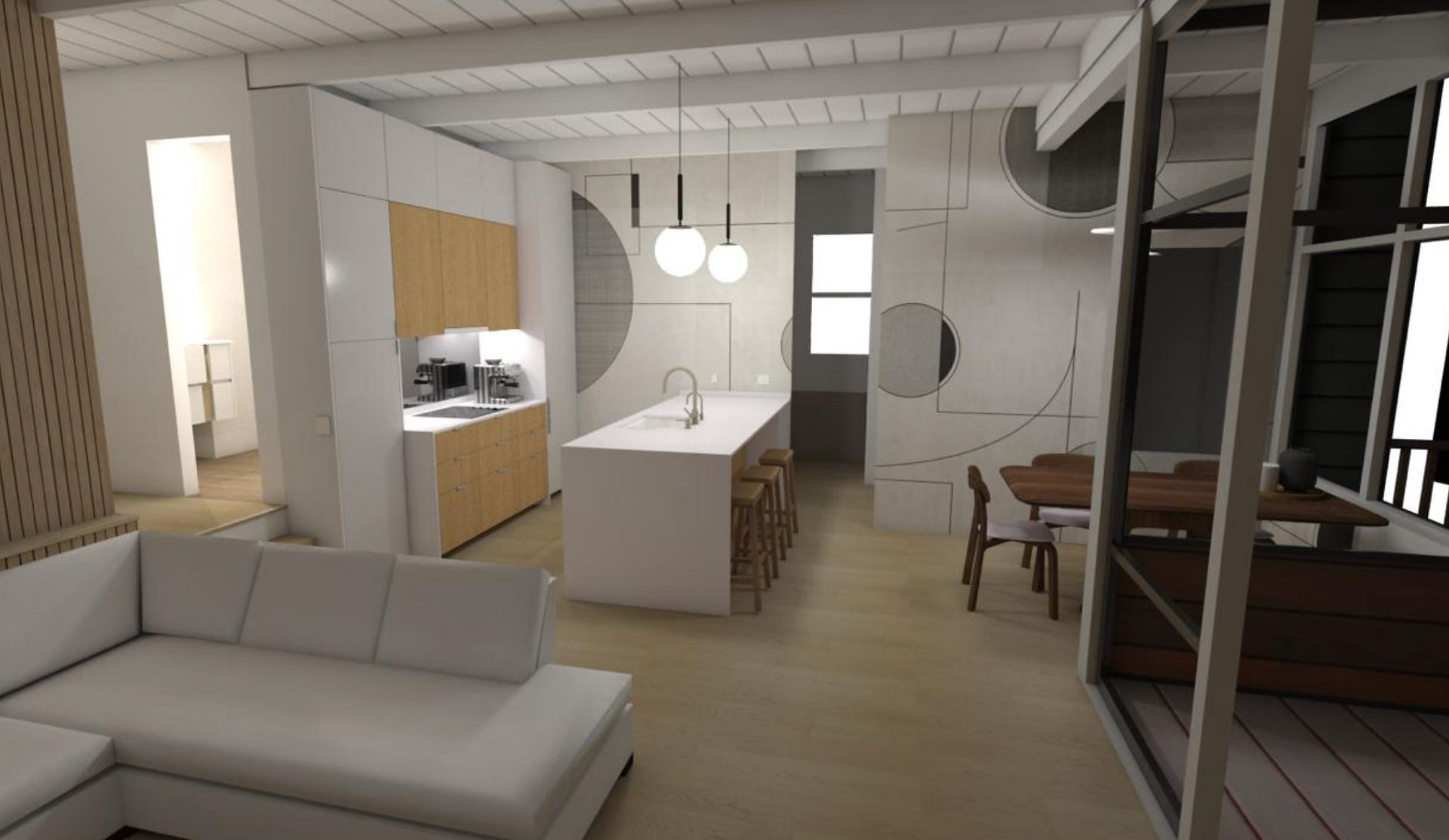 La maison Midcentury. rénovation d'une maison d'architecte en Californie par l'agence Faubourg Intérieurs. La projection de la cuisine. 