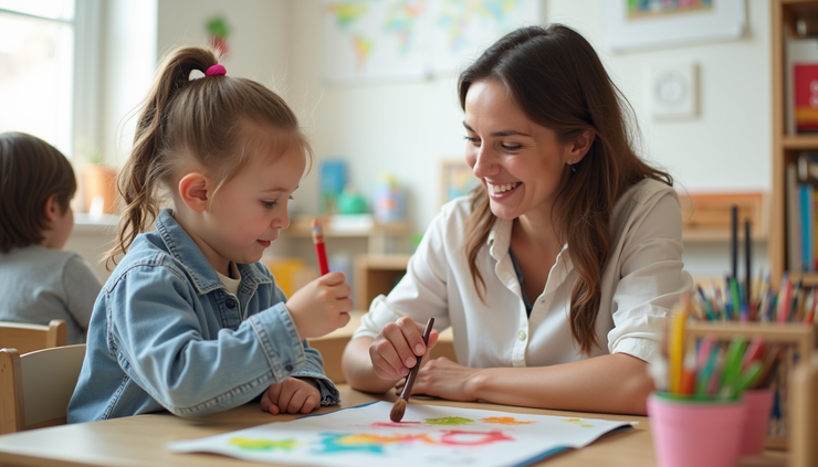 Close-up view of teacher assisting child with a creative art project