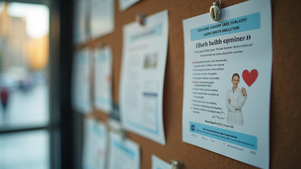 Close-up view of a community bulletin board with health promotion flyers