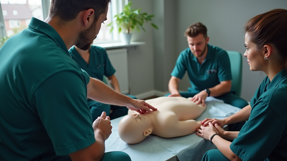 High angle view of CPR instructor demonstrating technique to a small group