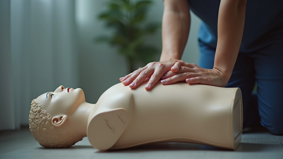 Close-up view of a person practicing CPR on a training manikin