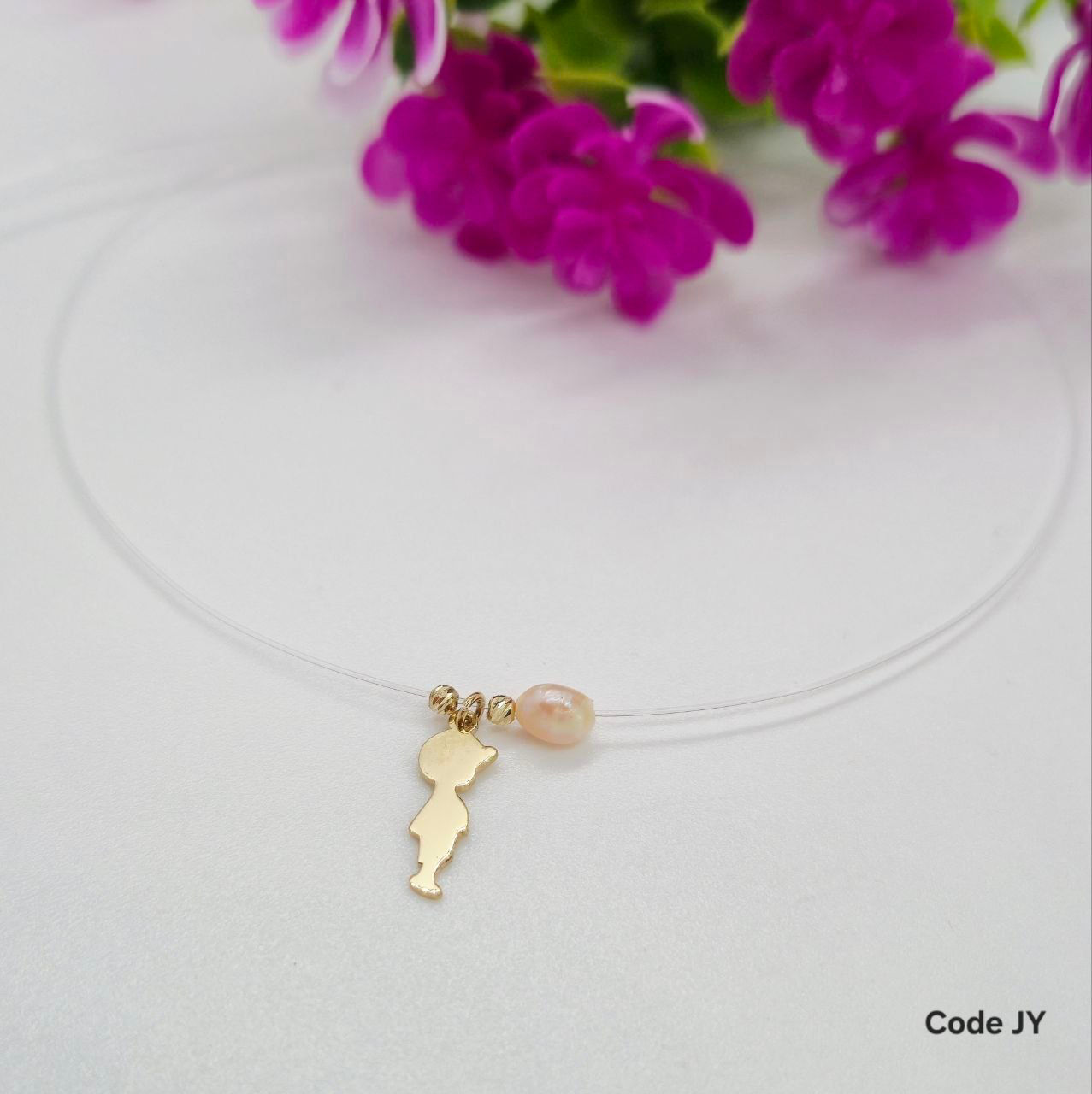 Invisible Thread Gold Necklace with Boy Charm & Pearl