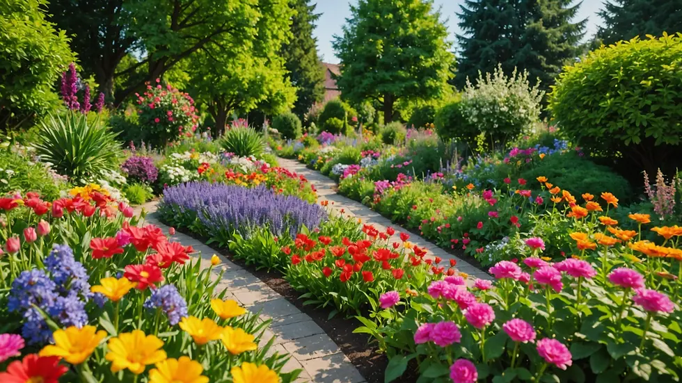 Eye-level view of a vibrant garden filled with colorful flowers