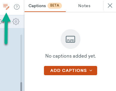 Screenshot from Vyond with an arrow pointing to the caption tool.