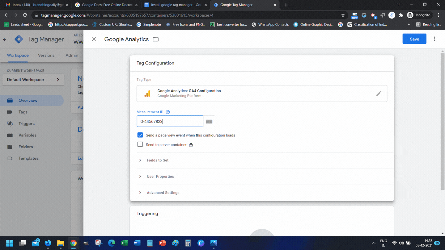 Google Tag Manager - Insert you GA ID/Measurement ID