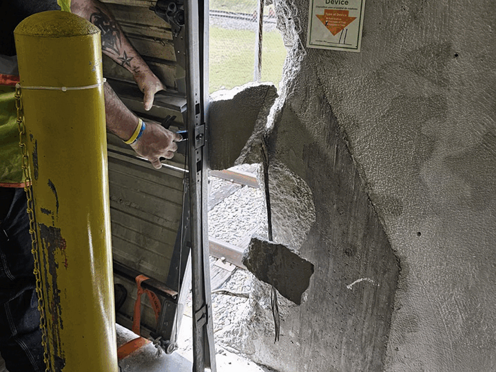 Before and after vertical concrete repair on damaged industrial wall from forklift impact