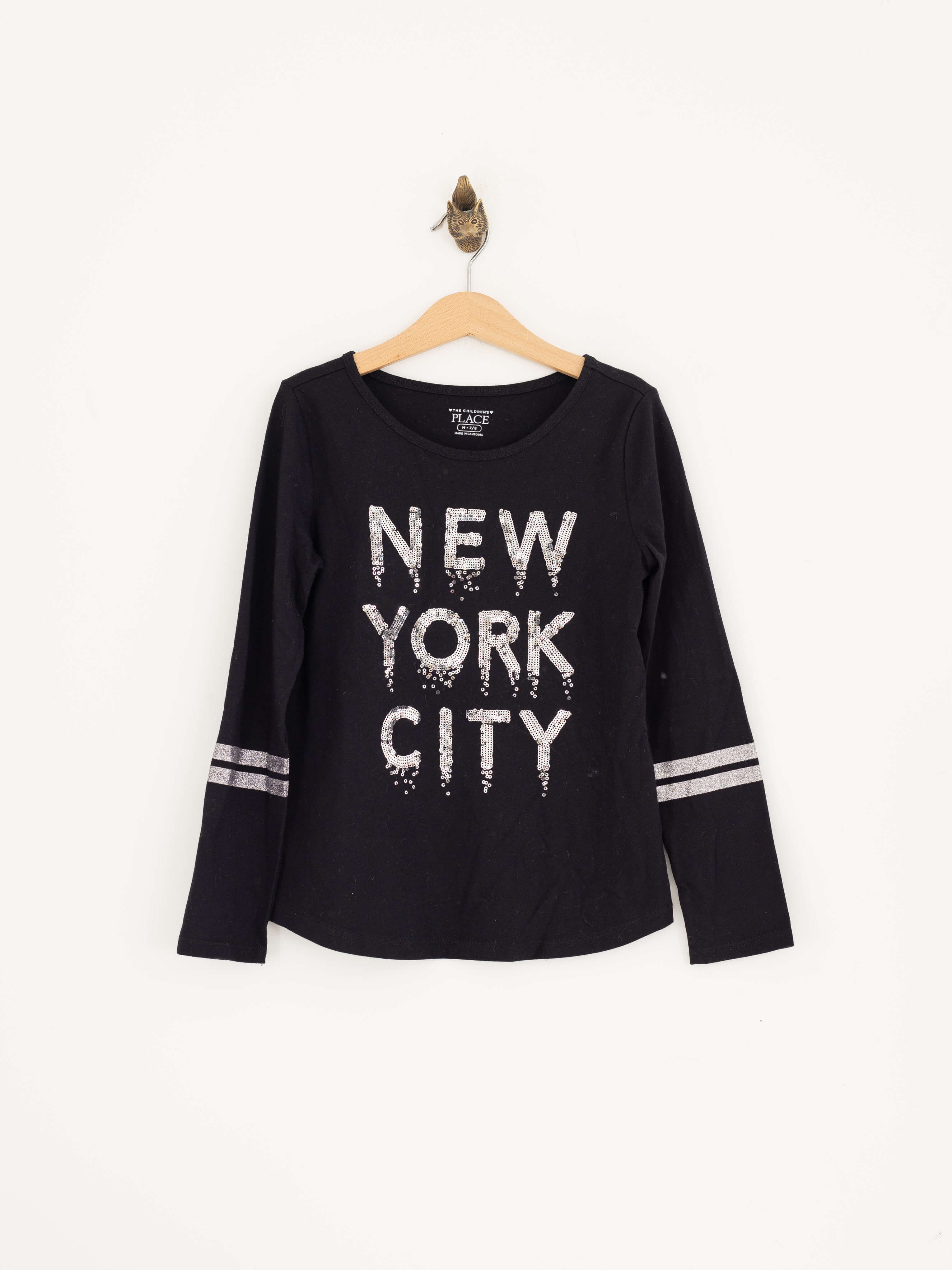 מידה 7-8 | טי-שירט ארוכה שחורה ניו-יורק פאייטים | CHILDREN'S PLACE