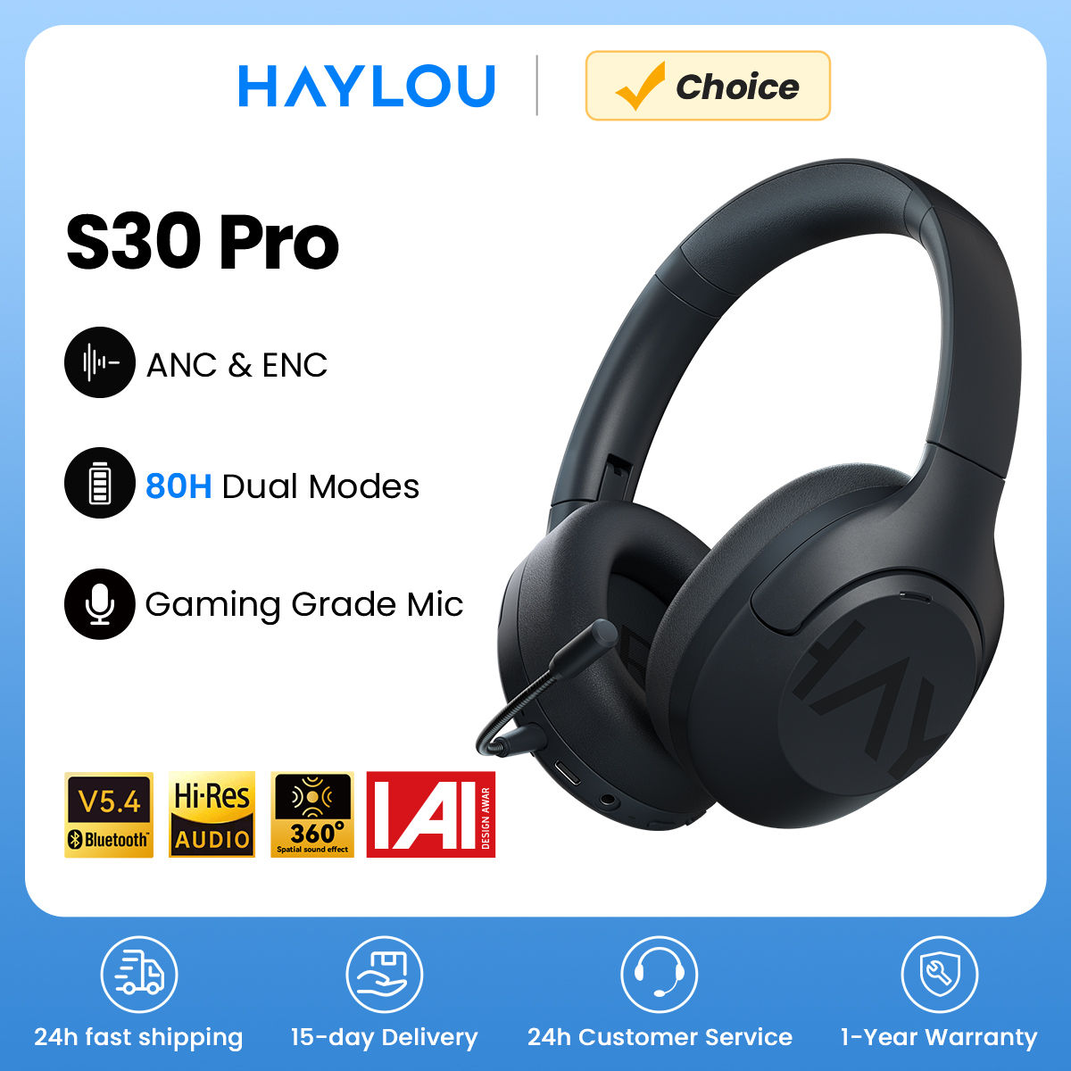 HAYLOU S30 Wireless Bluetooth 5.4 Headphones 43dB Adaptive Noise Cancelling Head