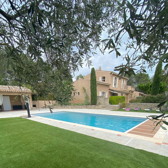 Vue sur le poolhouse et la piscine ainsi que la villa de location, à l'abri des oliviers.