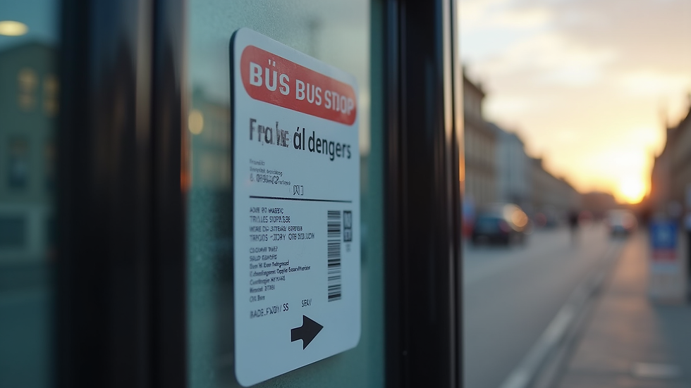 Close-up view of a UK bus stop sign with a travel pass displayed