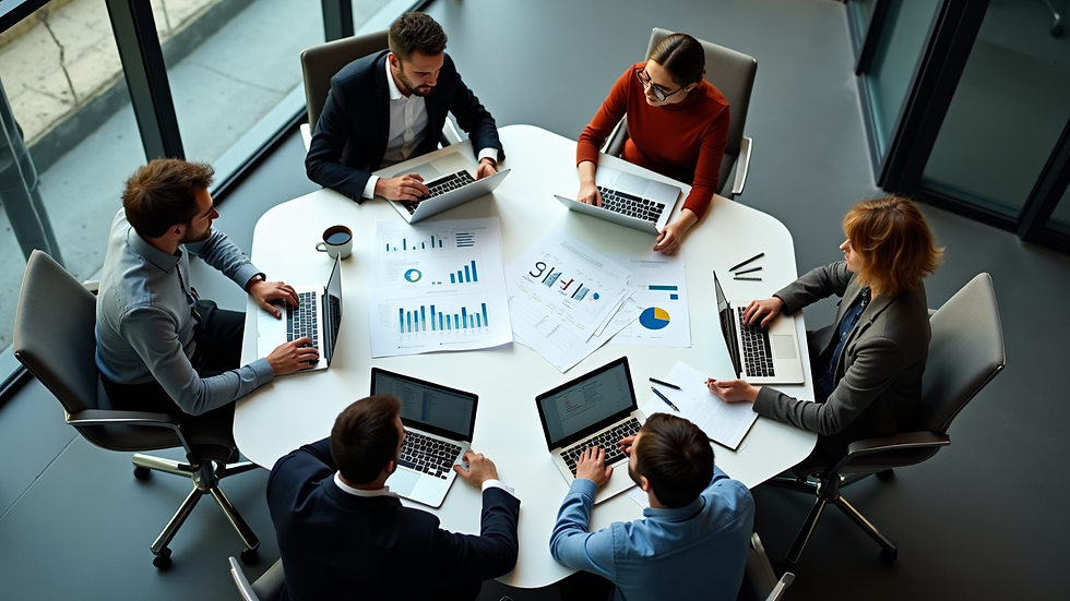 High angle view of a team meeting around a table with laptops and charts