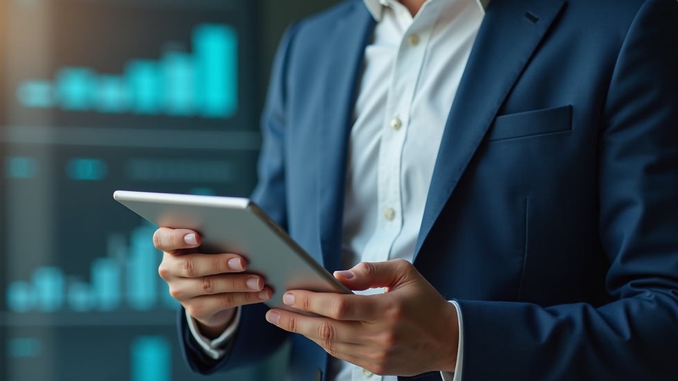 Close-up view of a business owner reviewing AI automation software on a tablet