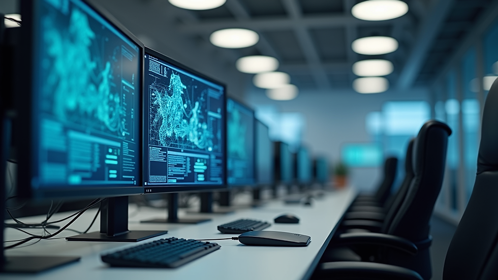 Eye-level view of a modern office with AI data visualisation on screens