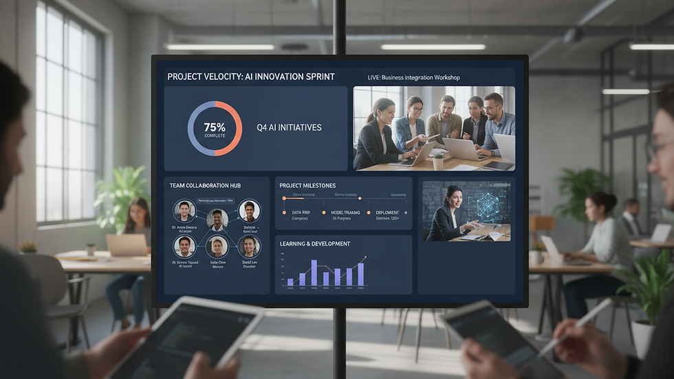 Close-up view of a digital dashboard showing AI project progress and team collaboration