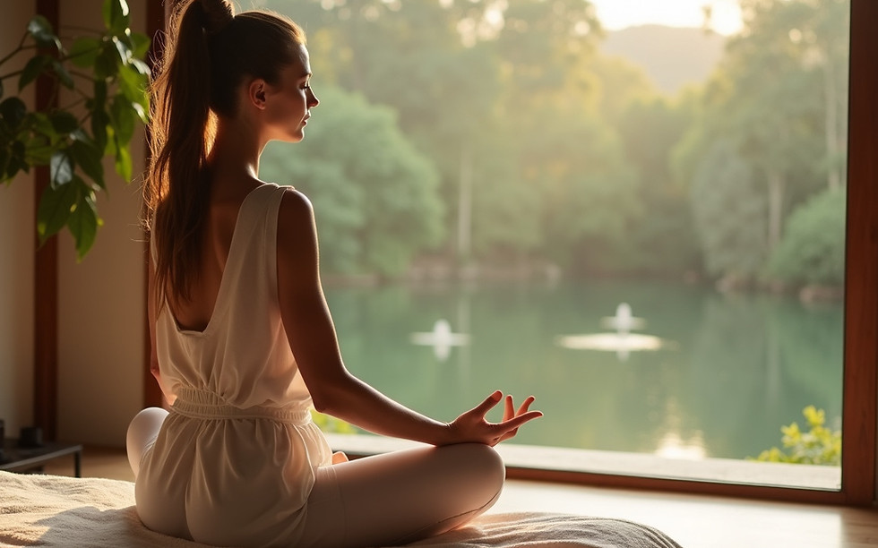 Woman meditating by a lake at Retreat Studio.