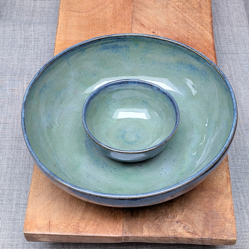 Green and Blue Glazed ceramic stoneware Chip and Dip Bowl