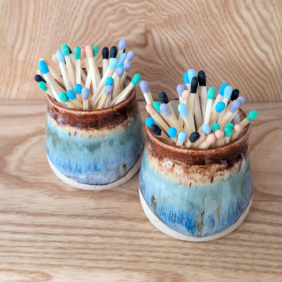 Rustic Rainbow Glazed ceramic stoneware matchstick pot with matches