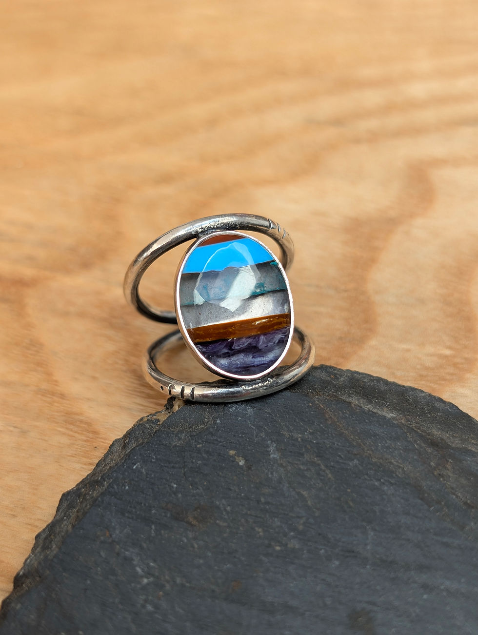 Thumbnail: Stripy Gower Surfite Sterling Silver Ring
