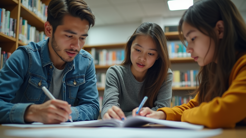 Eye-level view of a mentor and youth discussing a project in a library