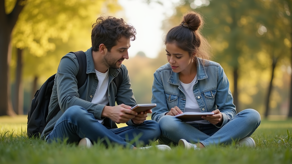 Eye-level view of a mentor and youth sitting together outdoors with notebooks