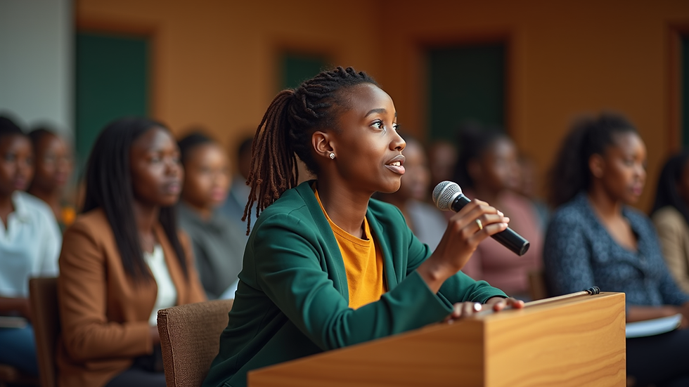 Eye-level view of a young African woman speaking at a community meeting