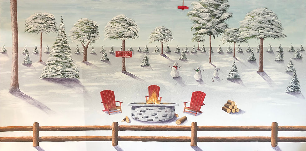 Christmas Tree Farm Mural- Fireplace and Chairs matched to represent the existing one on the farm