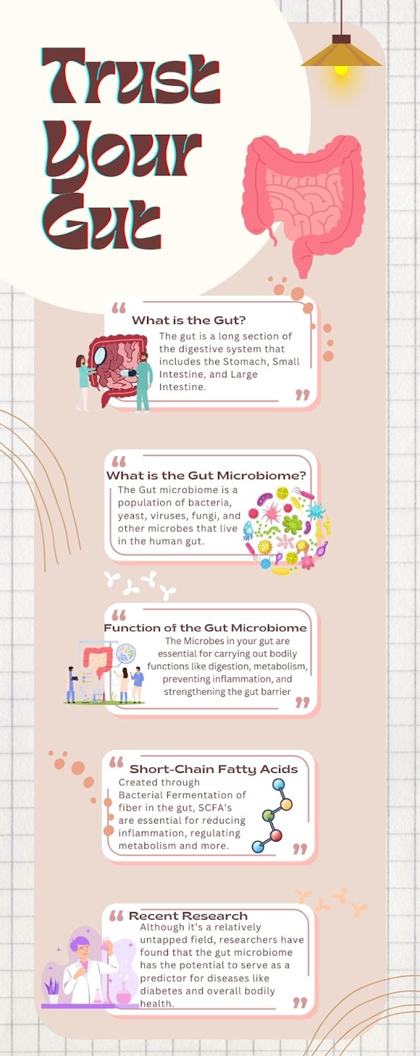 Infographic on gut health with text "Trust Your Gut." Illustrations of intestines, bacteria, and people. Discusses gut function and microbiome research.