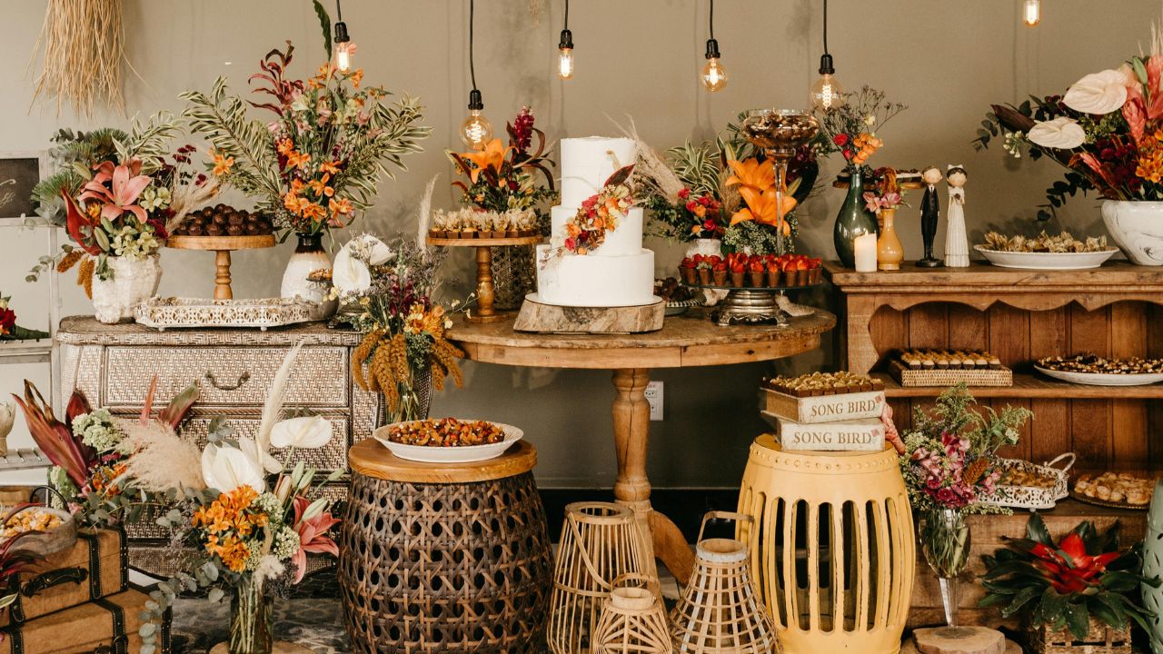 Festive holiday catering display with autumn décor