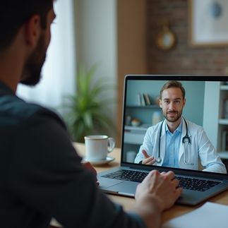 a man facing his laptop or talking to a psychiatrist