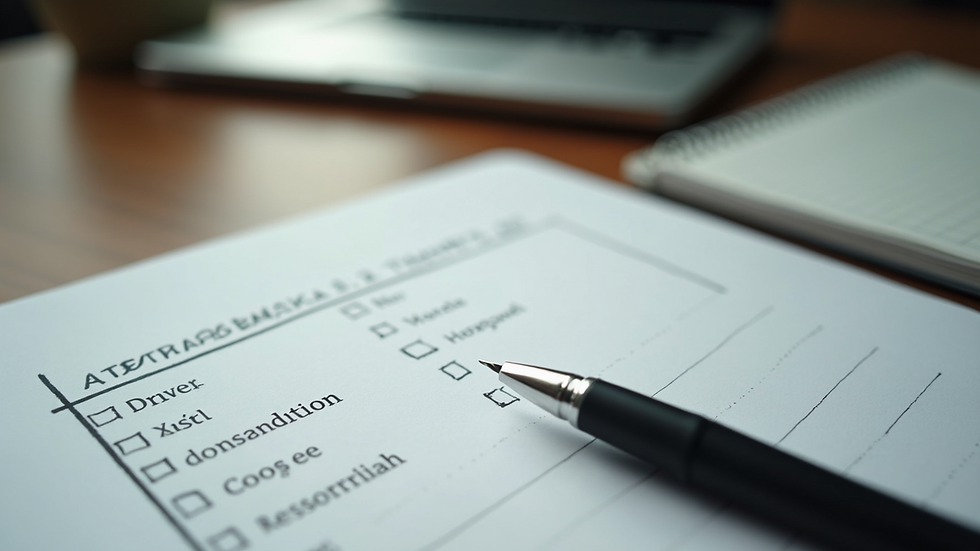 High angle view of a notebook and pen on a table with a checklist