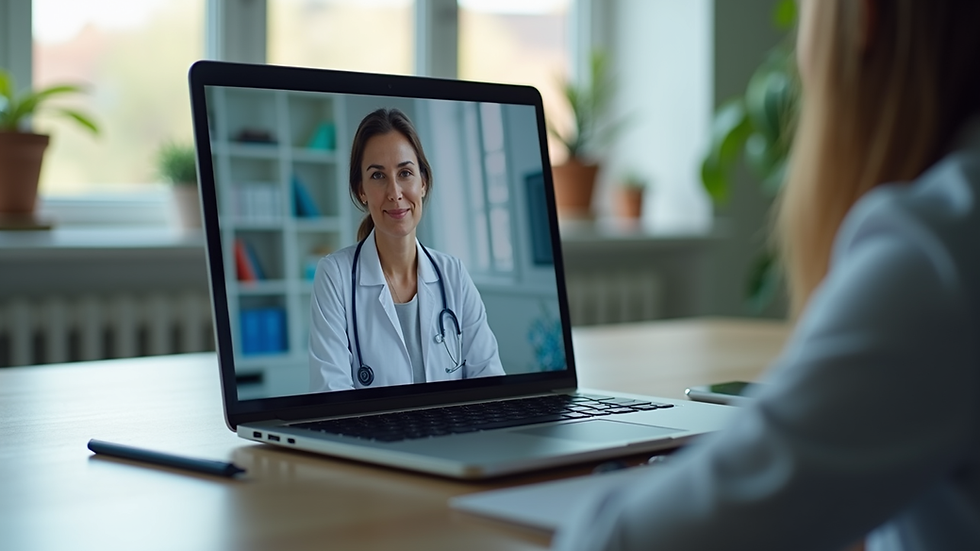 Eye-level view of a laptop screen showing a telehealth consultation