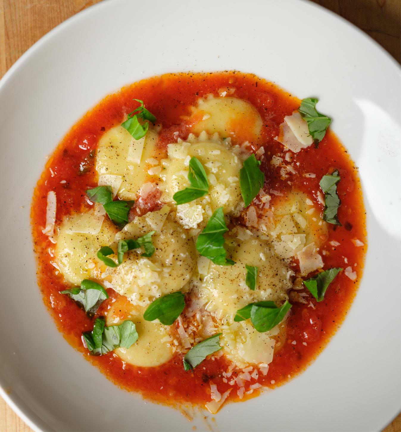 A finished Pasta Mark ravioli dish