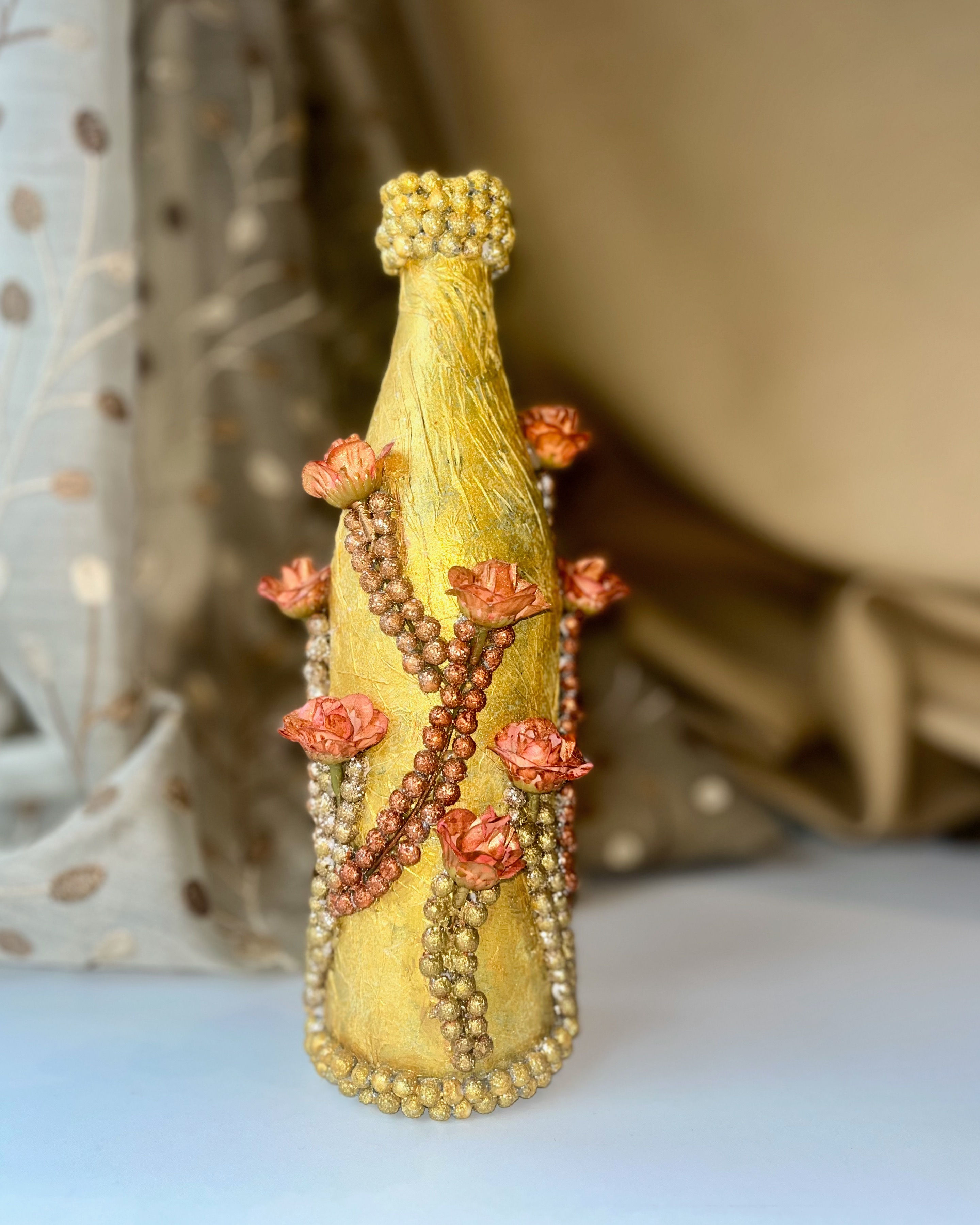 ✨ Golden Radiance: Handcrafted Peach Blossom & Pearl Bottle