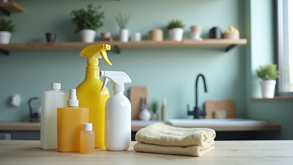 Eye-level view of a well-organized workspace with cleaning supplies neatly arranged
