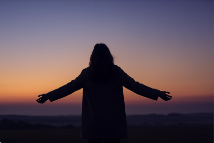 une femme bras ouverts face au lever du soleil