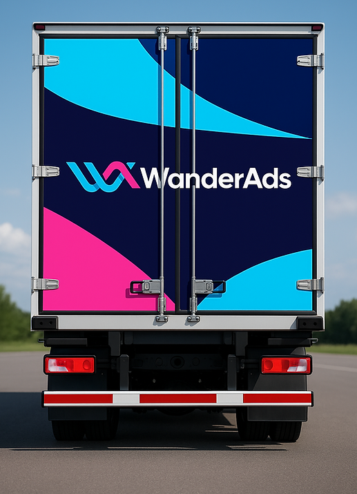 Publicité WanderAds affichée à l’arrière d’un camion professionnel pour illustrer la visibilité du format OOH.