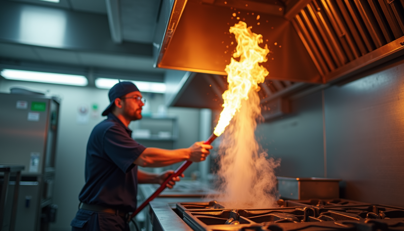 Eye-level view of a commercial kitchen hood fire suppression system being inspected