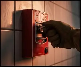Eye-level view of a modern fire alarm control panel installed on a commercial building wall
