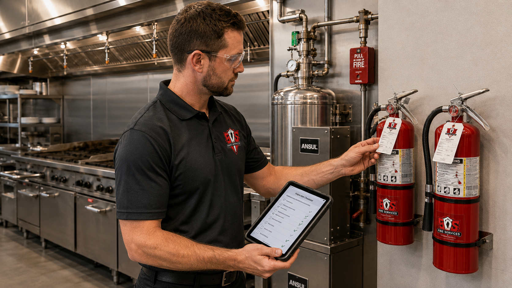 Eye-level view of fire inspector checking fire alarm system
