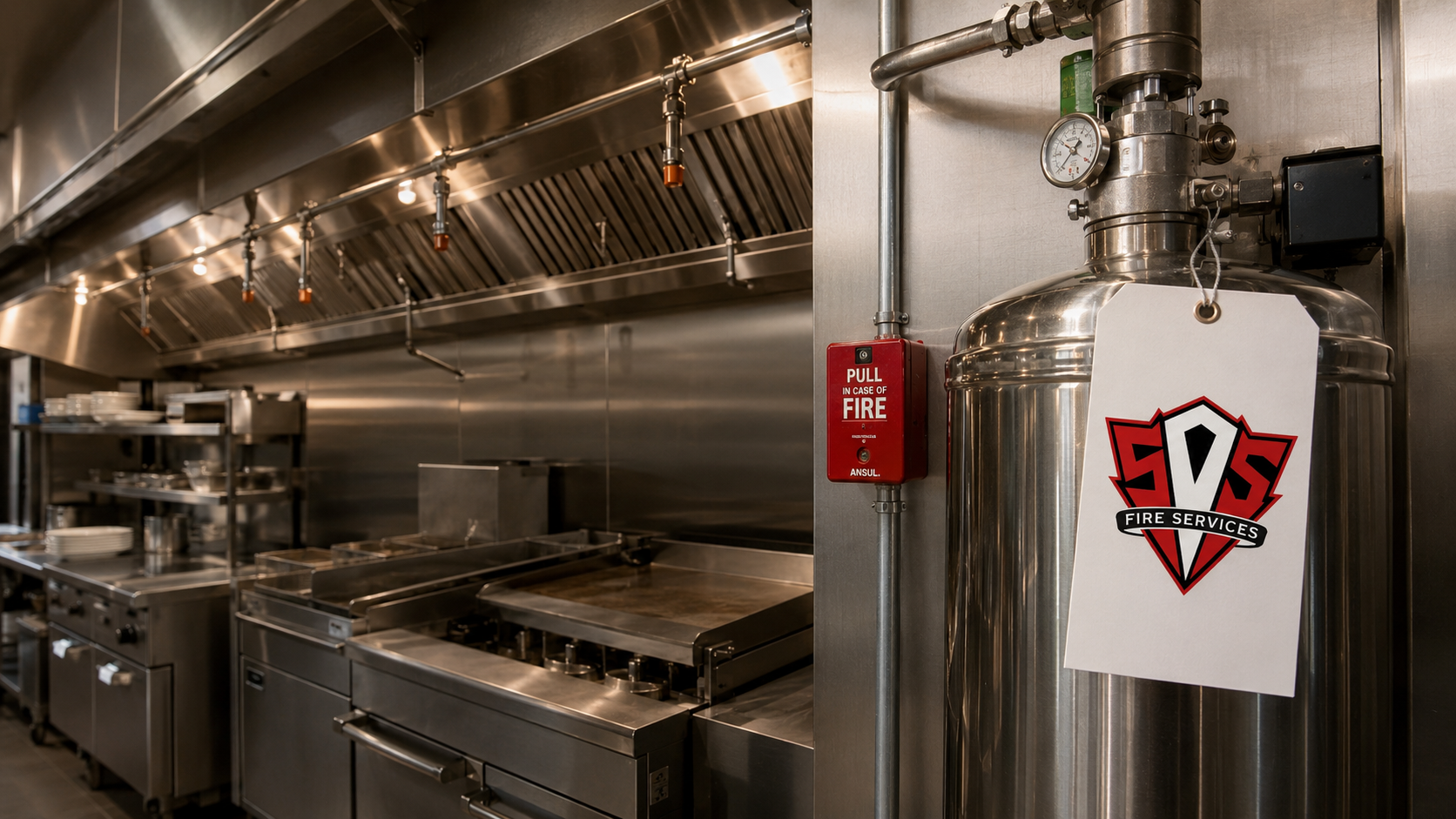 Close-up view of commercial kitchen fire suppression system installed above cooking appliances