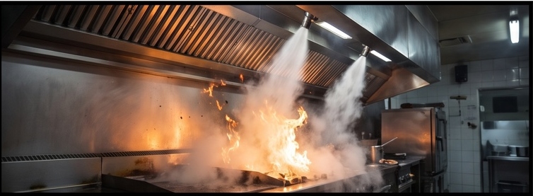 Eye-level view of a commercial kitchen hood suppression system installed above a stove