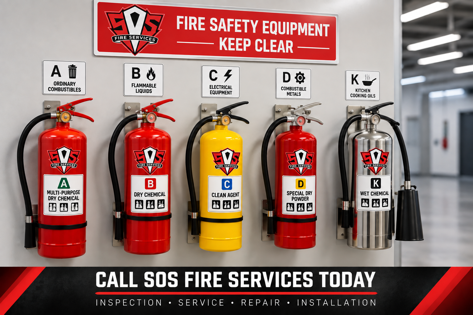 Three wall-mounted fire extinguishers in a bright hallway beneath Fire Safety Equipment Keep Clear and Weekly Inspection Log signs.